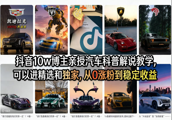 抖音10w博主亲授汽车科普解说教学，可以进精选和独家，从0涨粉到稳定收益（详细视频课程+1T素材）